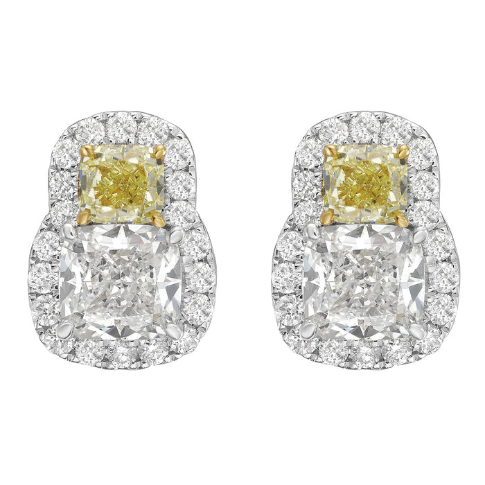 18K Two Tone Fancy Yellow And White Diamond 2 Stone Halo Earrings