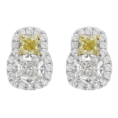 18K Two Tone Fancy Yellow And White Diamond 2 Stone Halo Earrings