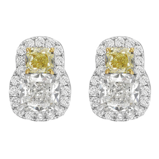 18K Two Tone Fancy Yellow And White Diamond 2 Stone Halo Earrings