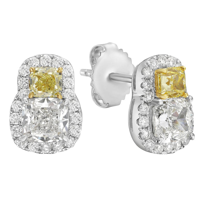 18K Two Tone Fancy Yellow And White Diamond 2 Stone Halo Earrings