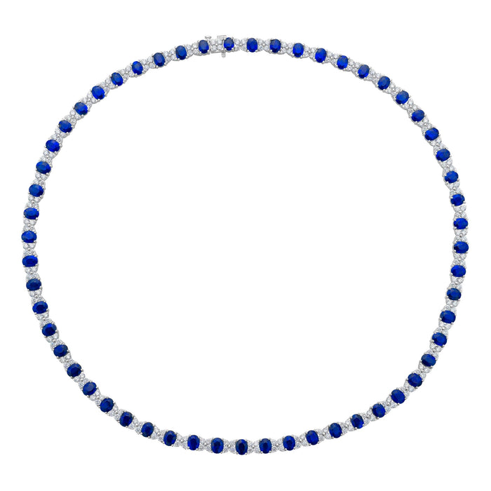 18K White Gold Blue Sapphire And Diamond Cluster Tennis Necklace