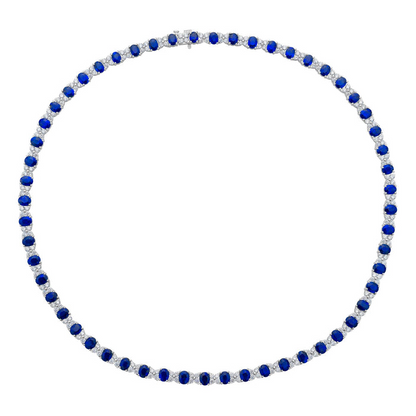 18K White Gold Blue Sapphire And Diamond Cluster Tennis Necklace