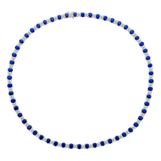 18K White Gold Blue Sapphire And Diamond Cluster Tennis Necklace