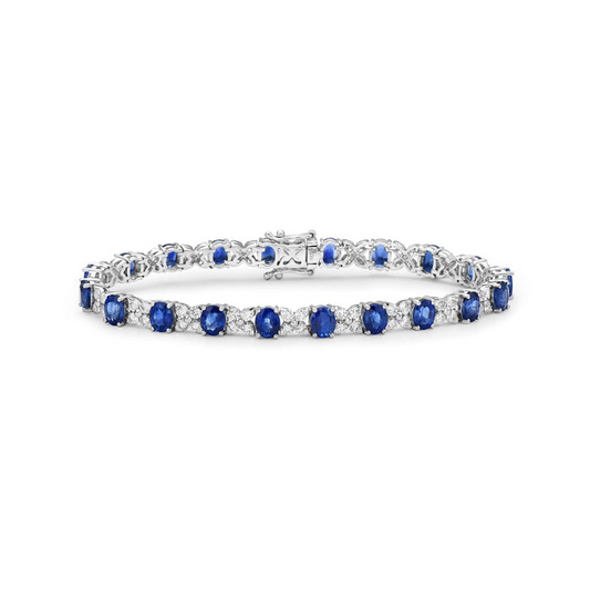 18K White Gold Blue Sapphire And Diamond Cluster Tennis Bracelet