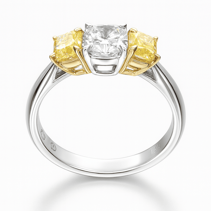 18K Two Tone 3 Stone Fancy Yellow And White Diamond Ring