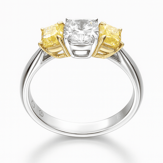 18K Two Tone 3 Stone Fancy Yellow And White Diamond Ring