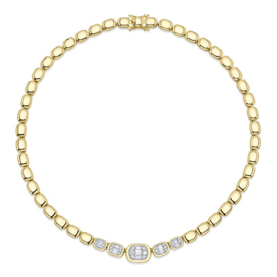 Shy 14K Yellow Gold Diamond Baguette Cluster Puffed Tennis Necklace