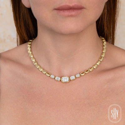 Shy 14K Yellow Gold Diamond Baguette Cluster Puffed Tennis Necklace