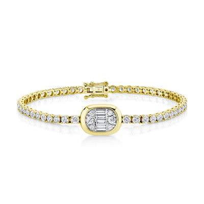 Shy 14K Yellow Gold Diamond Baguette Cluster Center Tennis Bracelet