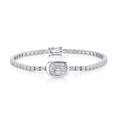 Shy 14K White Gold Diamond Baguette Cluster Center Tennis Bracelet