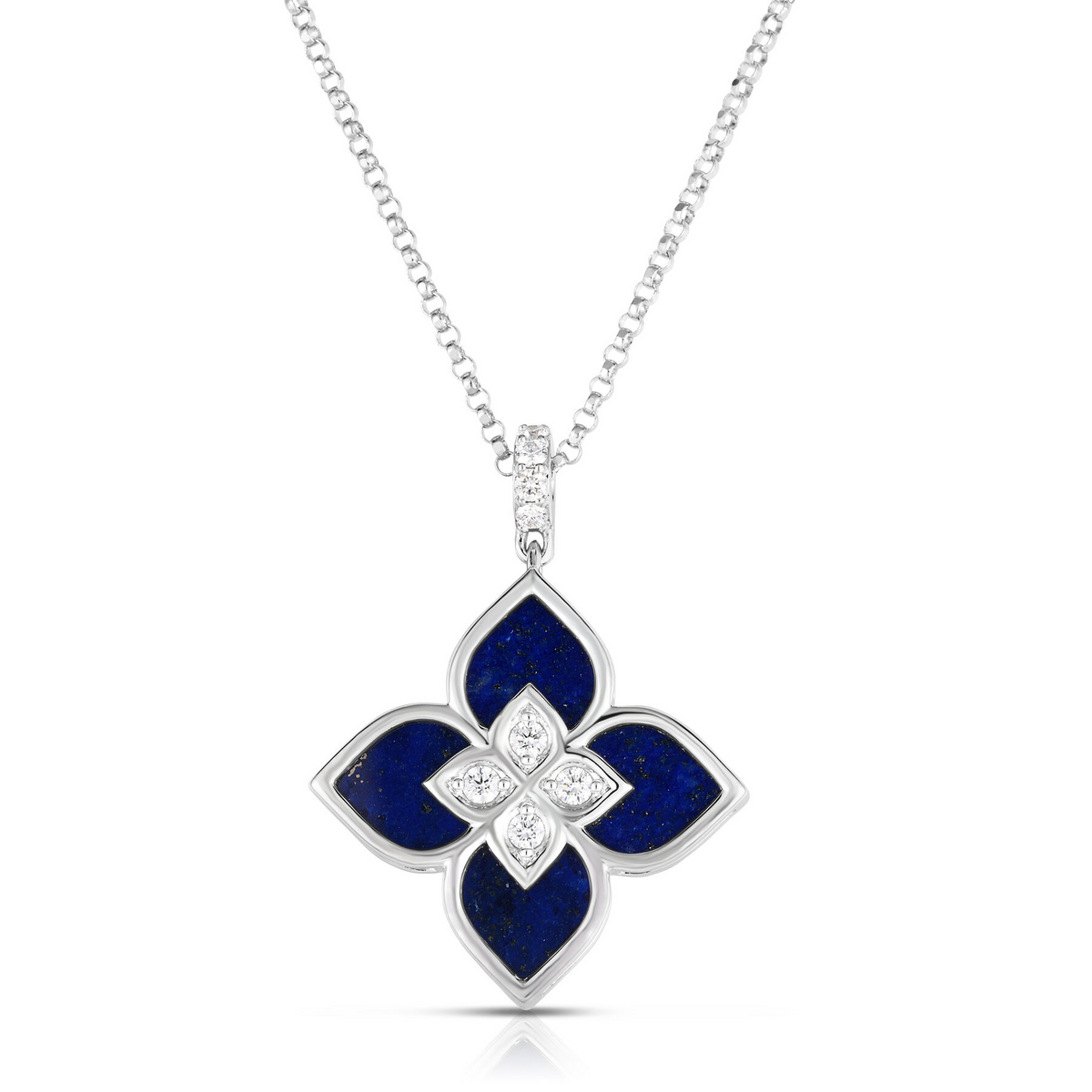 Roberto Coin 18K White Gold VP Diamond And Lapis Flower Necklace