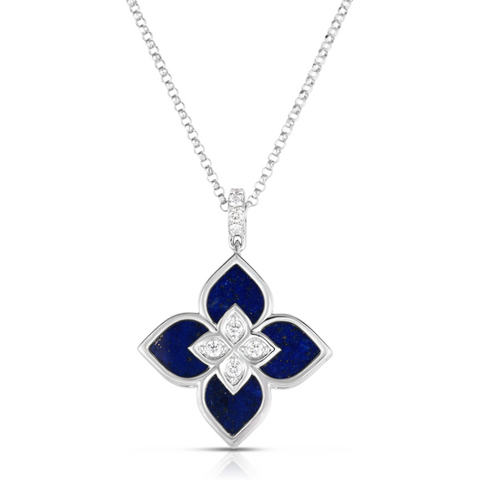 Roberto Coin 18K White Gold VP Diamond And Lapis Flower Necklace