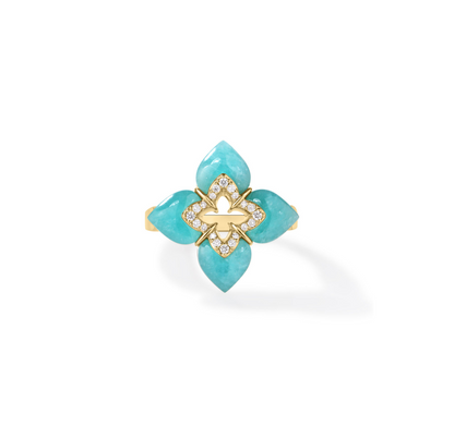 Roberto Coin 18K Yellow Gold VP Cabochon Amazonite And Diamond Flower Ring