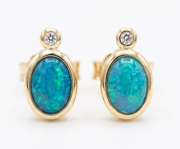 14K Yellow Gold Opal And Diamond Bezel Earrings