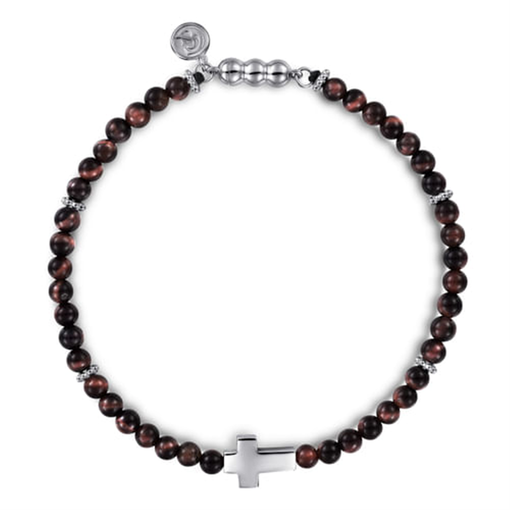 Gabriel Sterling Silver Cross & Tiger Eye Beaded Bracelet