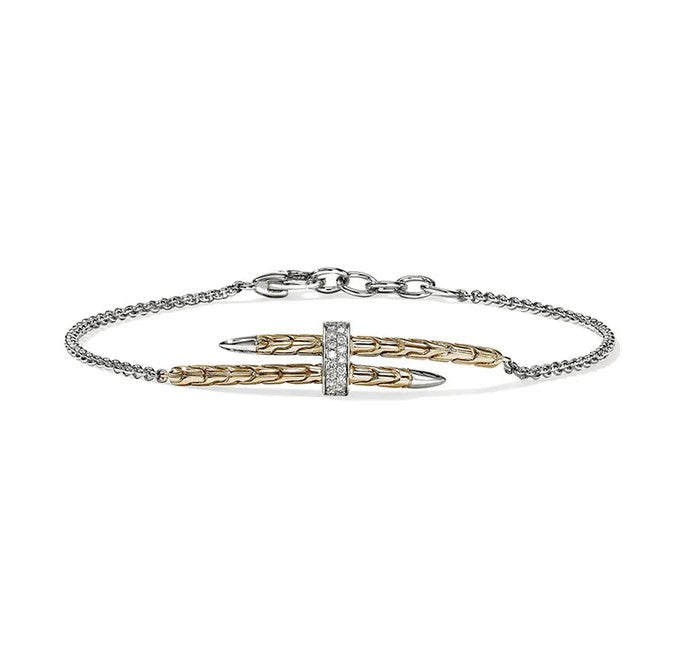 John Hardy Spear 14K Yellow Gold and Silver Pave Diamond Station Bracelet