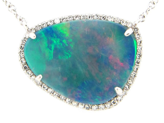 14Kw Black Opal Doublet & Diamond Halo Pendant Op-1.86Ct, 49Dia-.11Cts Adj 18" Chn