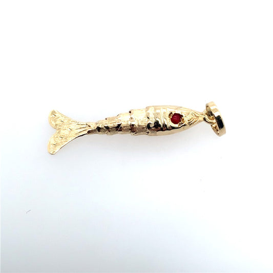 Estate 14K Yellow Gold Flexable Red Eye Fish Charm