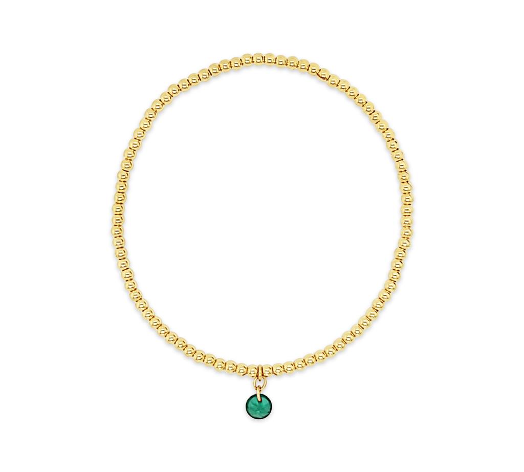 Dee Berkley Gold Filled BeadedBracelet with Emerald Dangling Gem