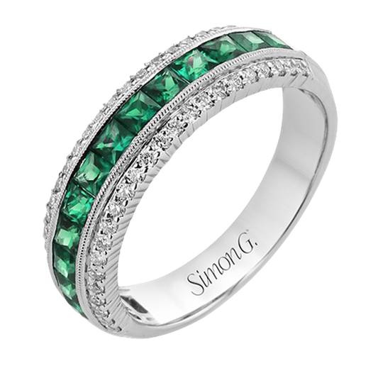 Simon G. 18K White Gold Princess Cut Emerald & Round Diamond Band