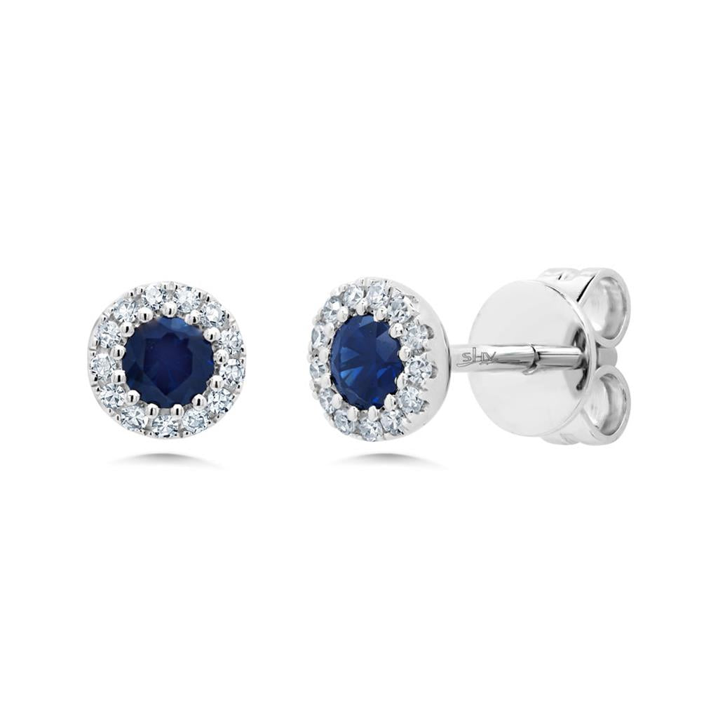 Shy Creation Blue Sapphire and Diamond Halo Earrings