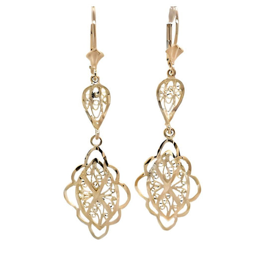 Estate 14K Yellow Gold Diamond Cut Filigree Drop Earrings