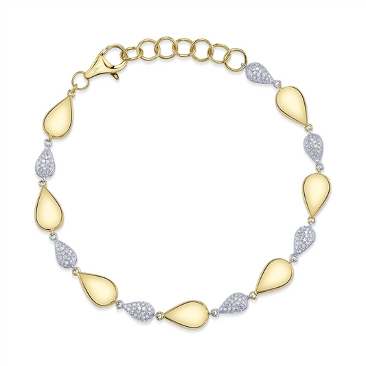Shy Creation 14K Yellow and White Gold Alternating Pear Diamond and High-Polished Stone Bracelet