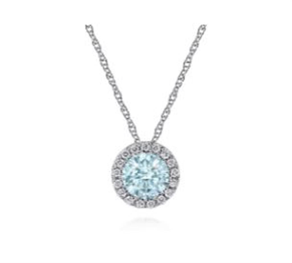 Gabriel 14Kw Aquamarine & Diamond Halo Pendant