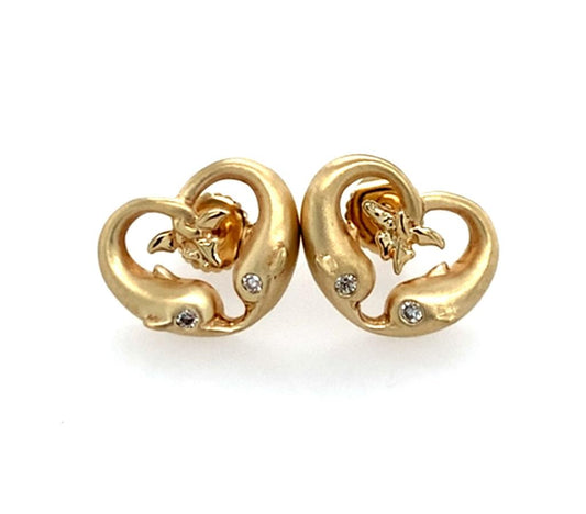 Estate 14K Dolphin Heart Earrings with Diamonds