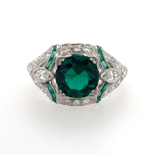Estate Platinum Diamond & Lab Created Emerald Ring