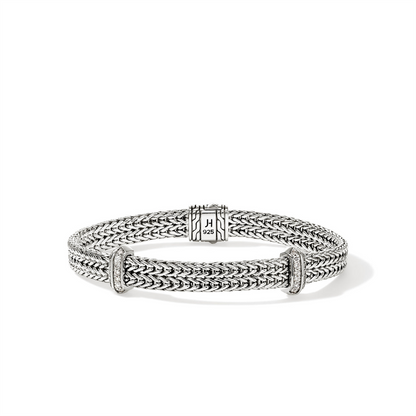 John Hardy Silver Icon Link Diamond Pave Flat Chain Bracelet
