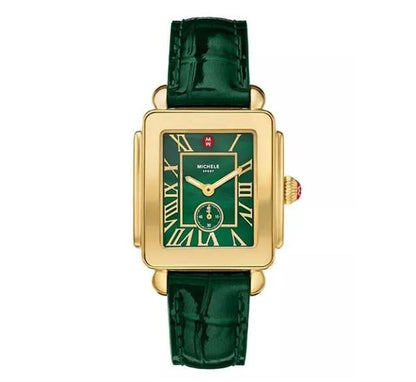 Michele Deco Sport Mid Gold-Plated Lush Green Leather Watch