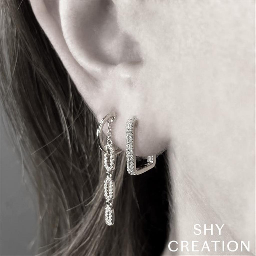Shy Creation White Gold Diamond In-And-Out Rectangle Hoop Earring