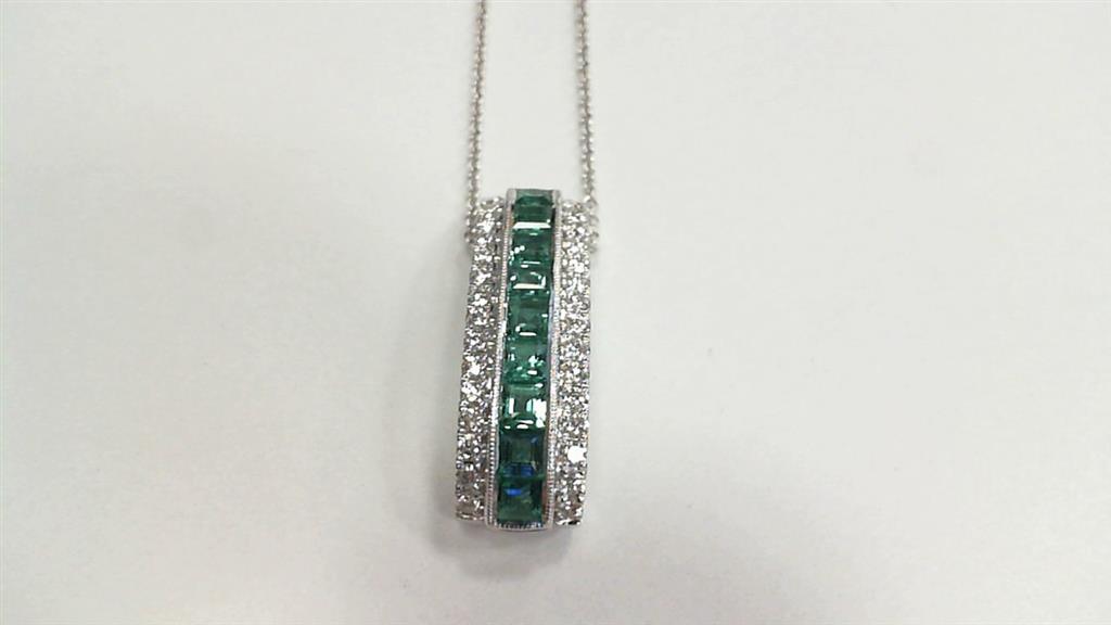 Simon G. 18Kw Princess Cut Emerald & Round Diamond Bar Pendant