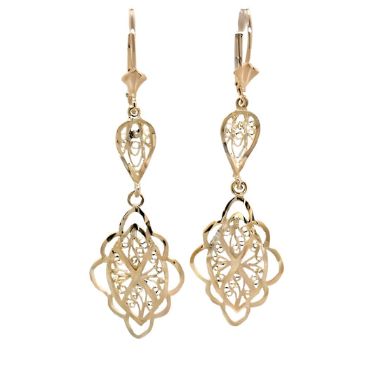 Estate 14K Yellow Gold Diamond Cut Filigree Drop Earrings