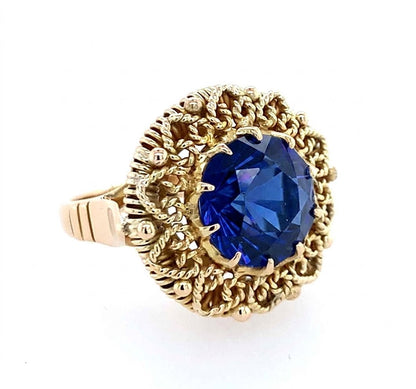 Estate 14K Yellow Gold Imitation Blue Sapphire Heart Rope Halo Ring