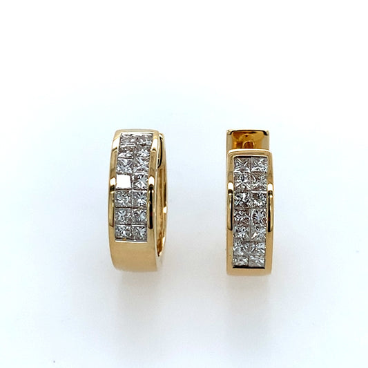 Estate 18K Gold Invisible Set Princess Cut Diamond Hoops