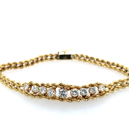 Estate 14K Gold 9 Stone Diamond Rope Bracelet