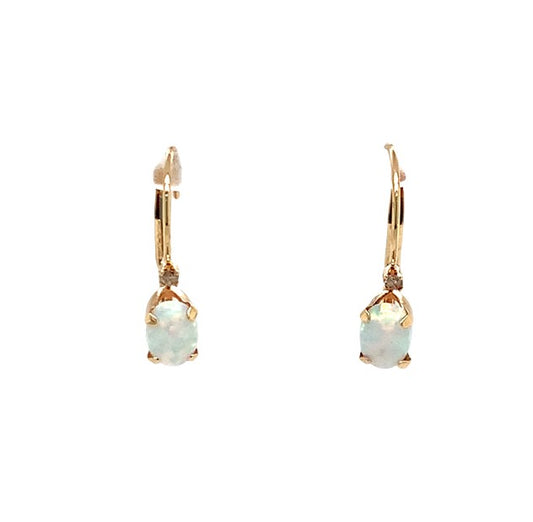 Estate 14K Gold Imitation Opal & Diamond Lever Back Earrings