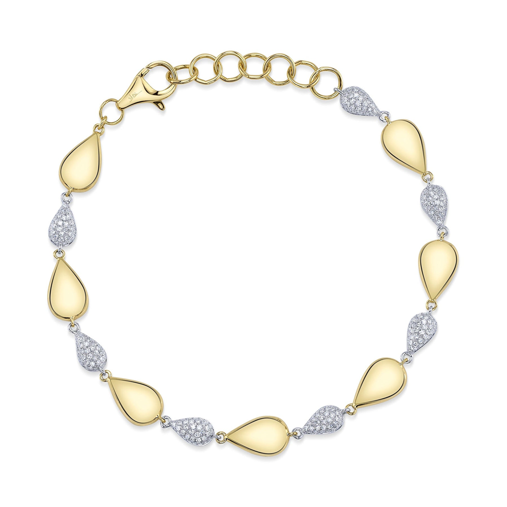 Shy Creation 14K Yellow and White Gold Alternating Pear Diamond and High-Polished Stone Bracelet