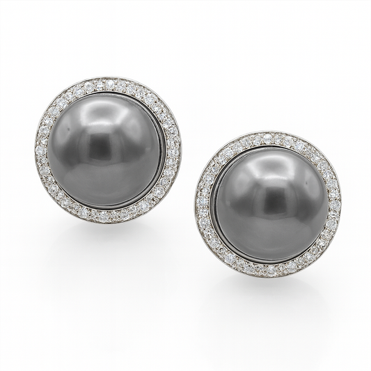 14K White Gold Tahitian Pearl Diamond Halo Earrings