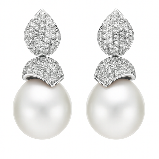 14K White Gold Diamond And South Sea Pearl Drop Earrings