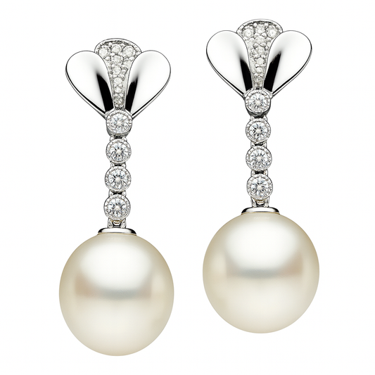 14K White Gold Diamond And South Sea Pearl Drop Earrings