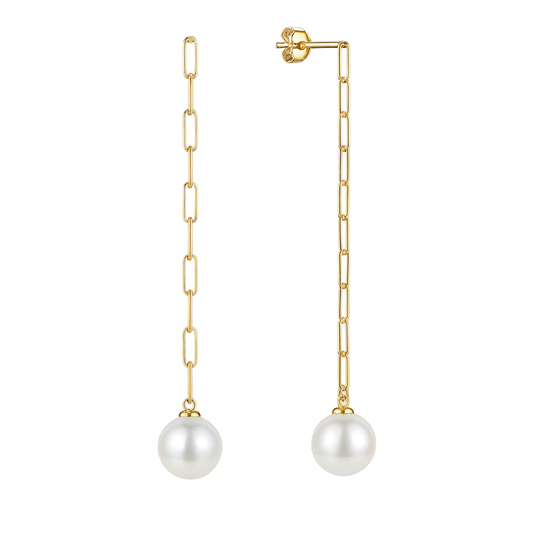 14K Yellow Gold Paperclip Chain Freshwater Pearl Drop Earrings