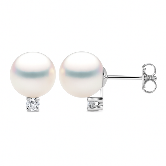 14K White Gold Cultured Akoya Pearl And Diamond Stud Earrings
