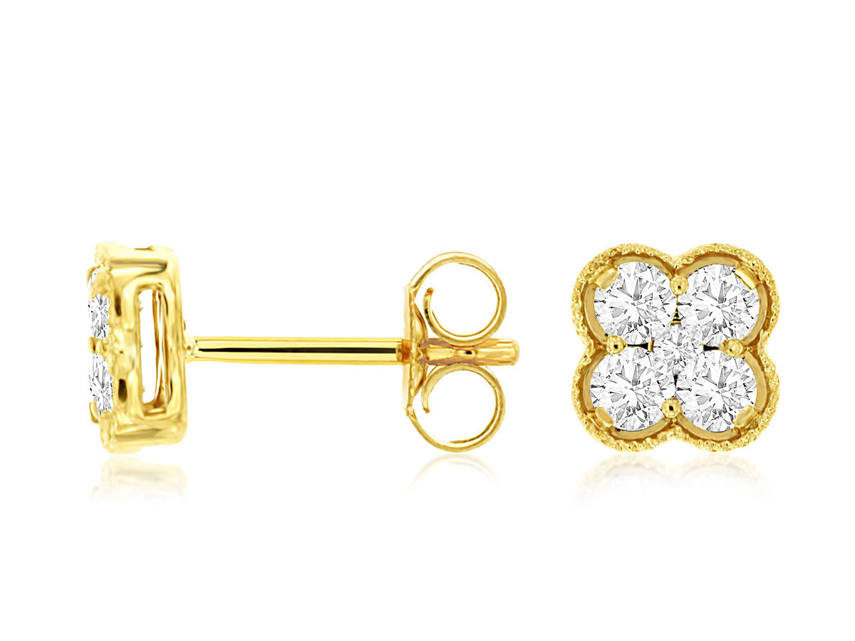 14K Yellow Gold Diamond Clover Stud Earrings
