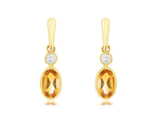 14K Yellow Gold Oval Citrine & Diamond Earrings
