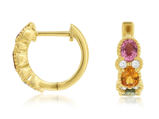14K Yellow Gold Sapphire And Diamond Hoop Earrings