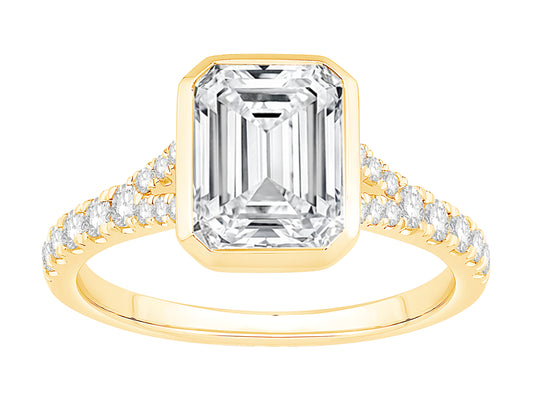 14K Yellow Gold 2 Carat Lab Grown Emerald Diamond Bezel Set Ring