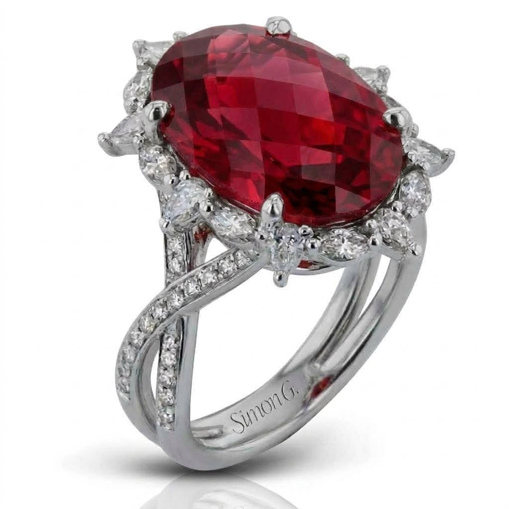 Simon G 18K White Gold Oval Checkerboard Rubellite Ring